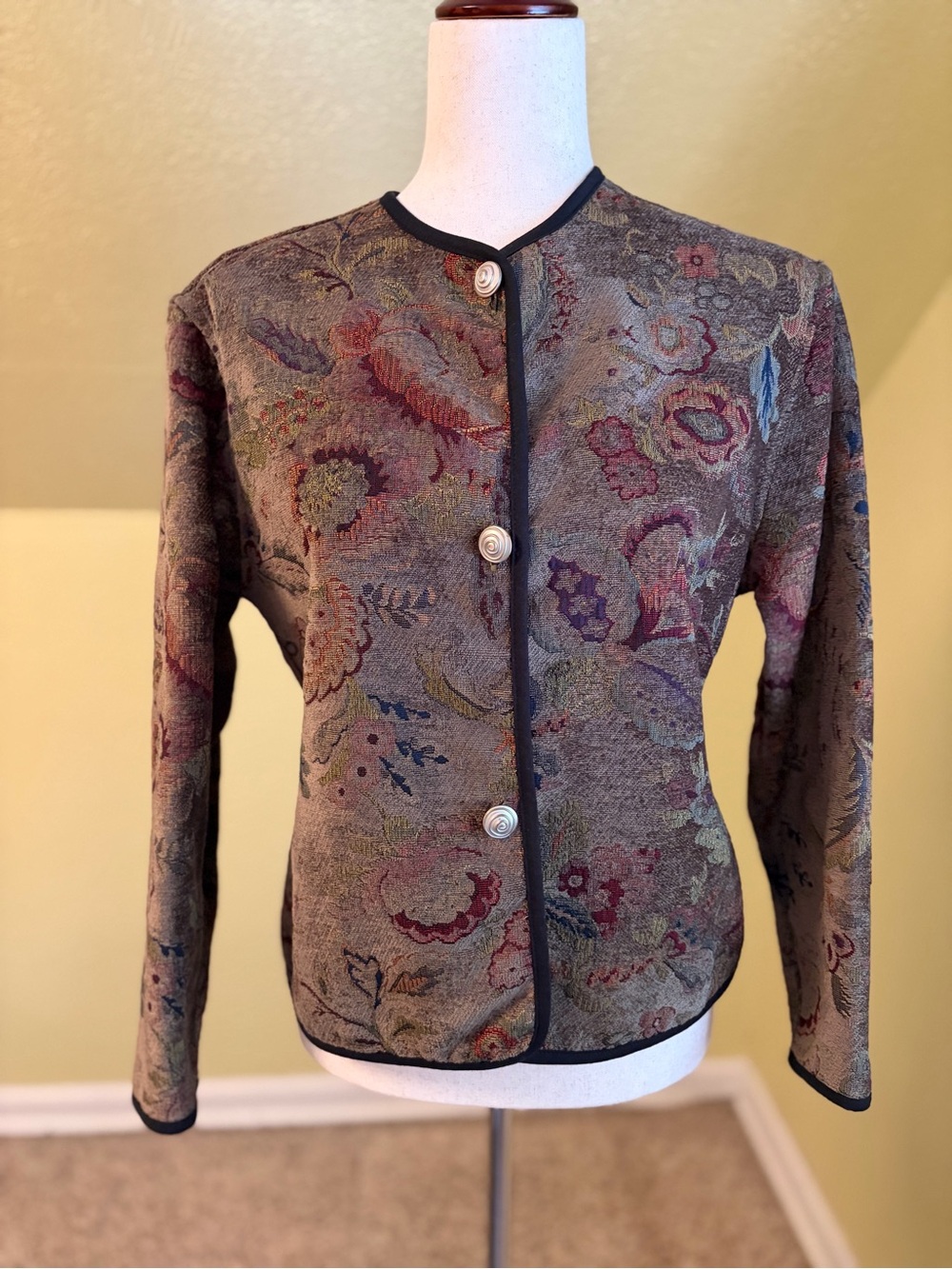 Vintage 90s Khangura Tapestry Floral Blazer Jacket Collarless Boho